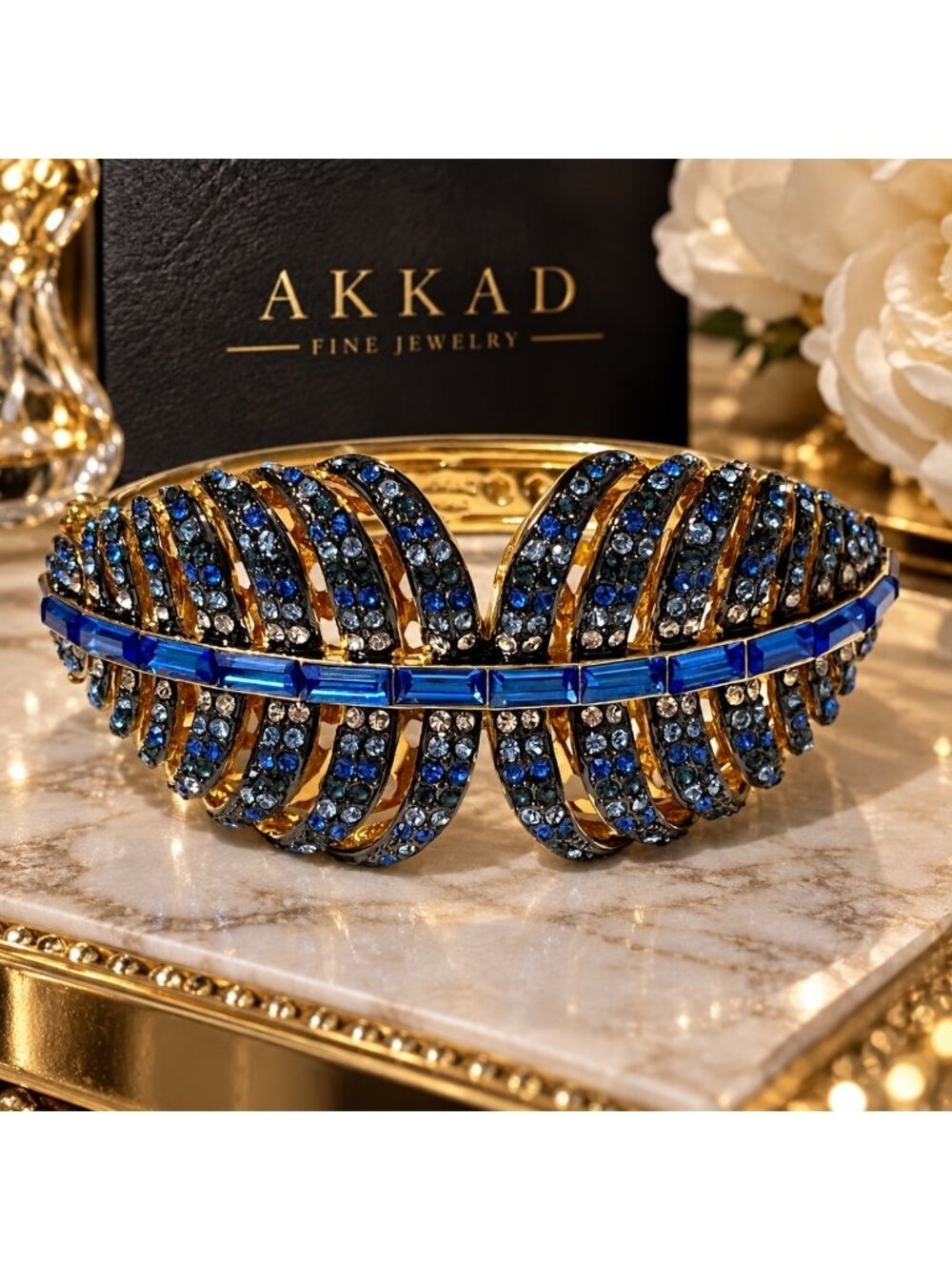 AKKAD Blue Crystal Rhinestone Gold Tone Statement Hinged Bangle Bracelet